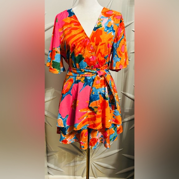 Unbranded SZM NWOT pink/orange multicolored wrap romper w/vanity snap bust 38” - Picture 3 of 8